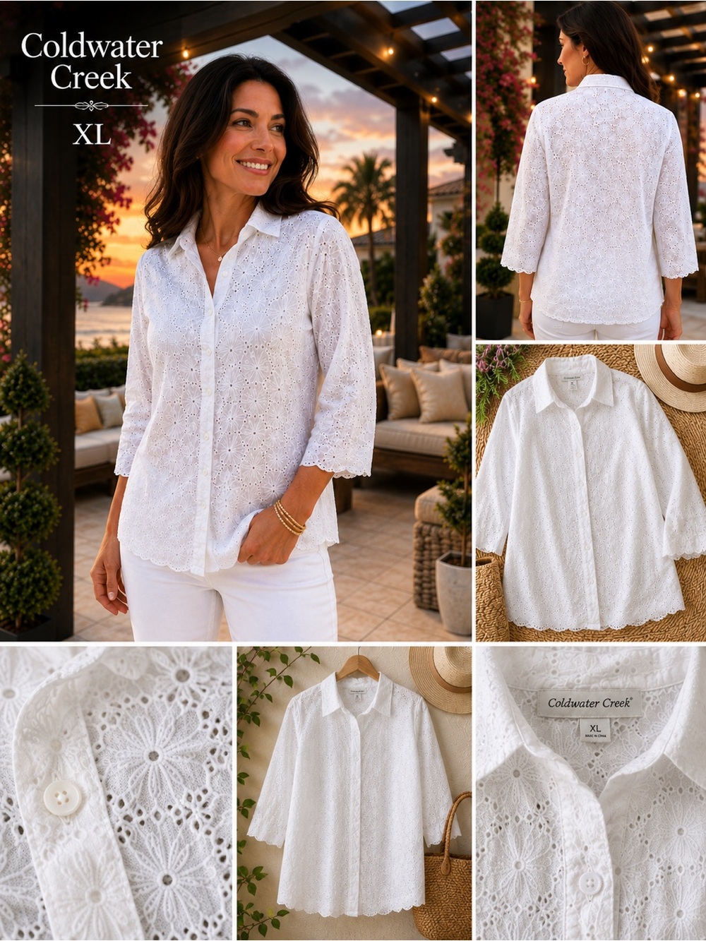 Coldwater Creek White Eyelet Embroidered Button Front Blouse XL - Picture 2 of 15
